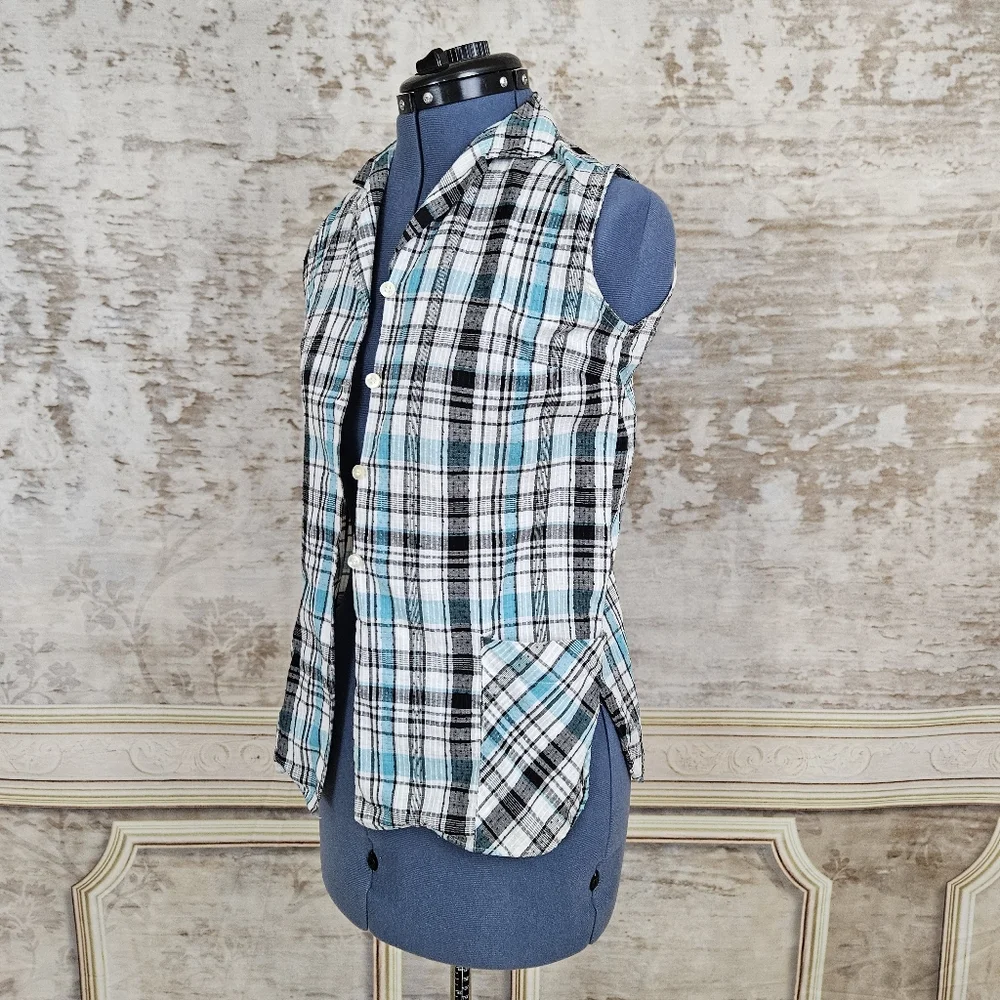 Vintage 1960s Seersucker Blouse XS Swiss Dot Blue Teal Black Rockabilly Plaid